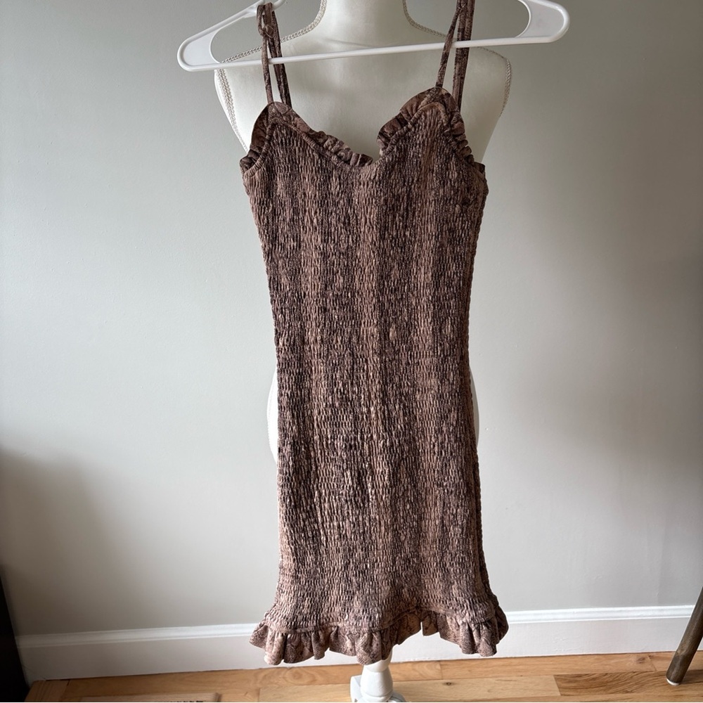 Storia Smocked Mini Dress Size Small Brown Stretch Bodycon